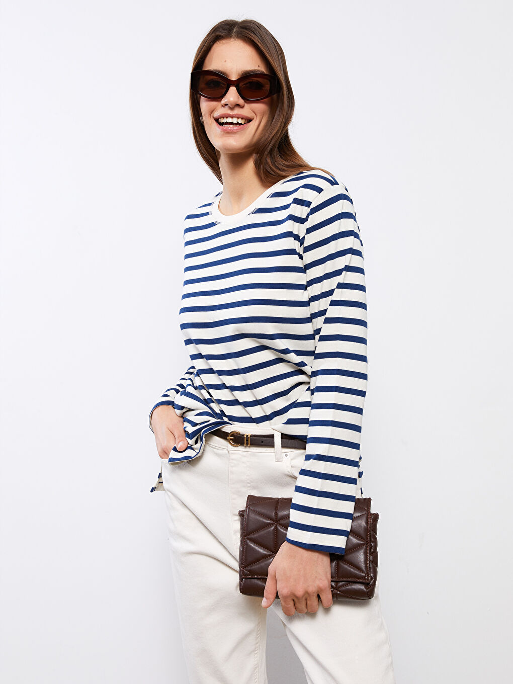 Mavi Bisiklet Yaka Çizgili Uzun Kollu Pamuklu Kadın Tunik-1