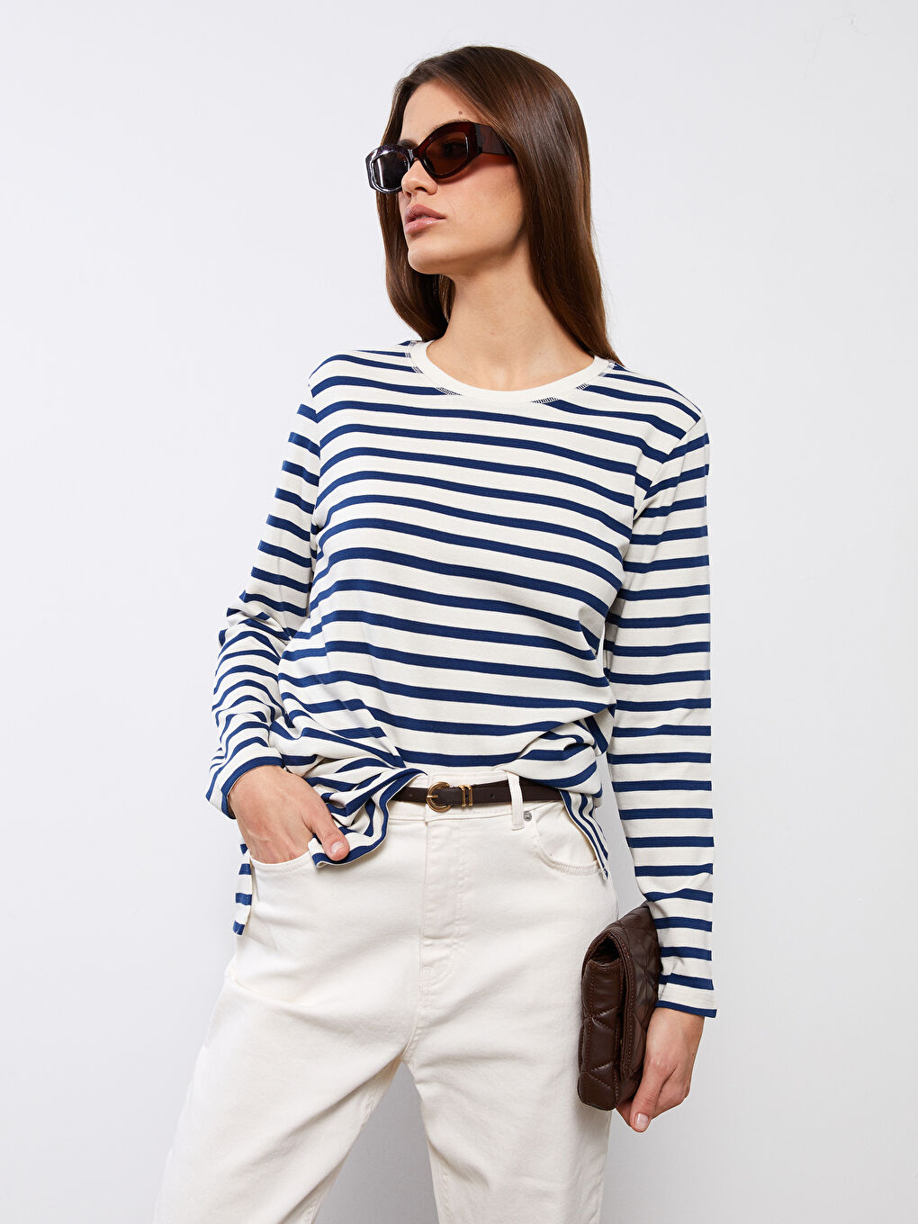 Mavi Bisiklet Yaka Çizgili Uzun Kollu Pamuklu Kadın Tunik-2