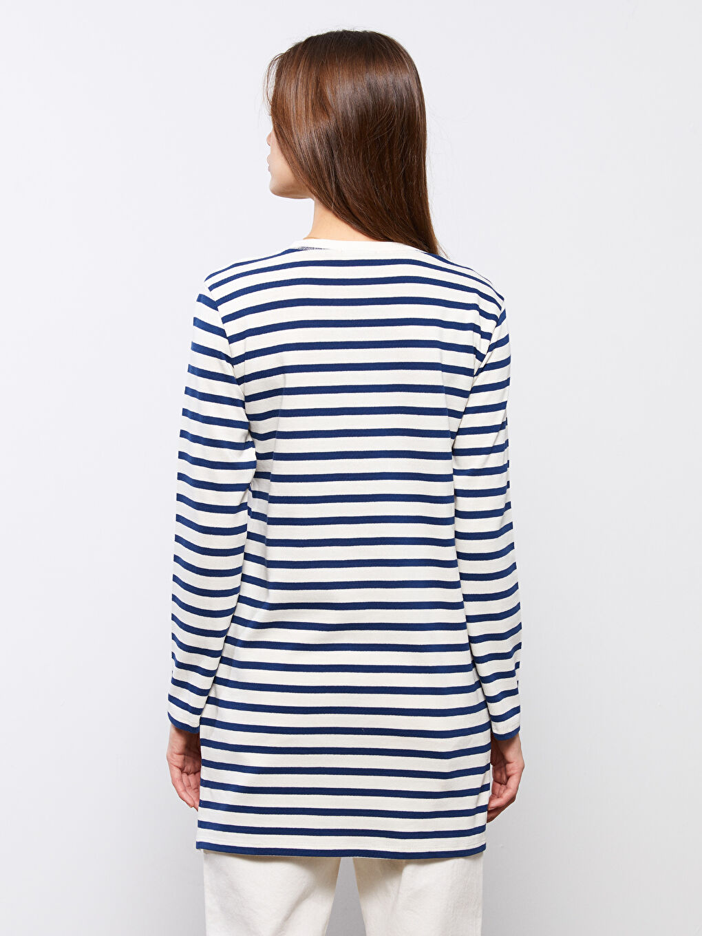 Mavi Bisiklet Yaka Çizgili Uzun Kollu Pamuklu Kadın Tunik-4