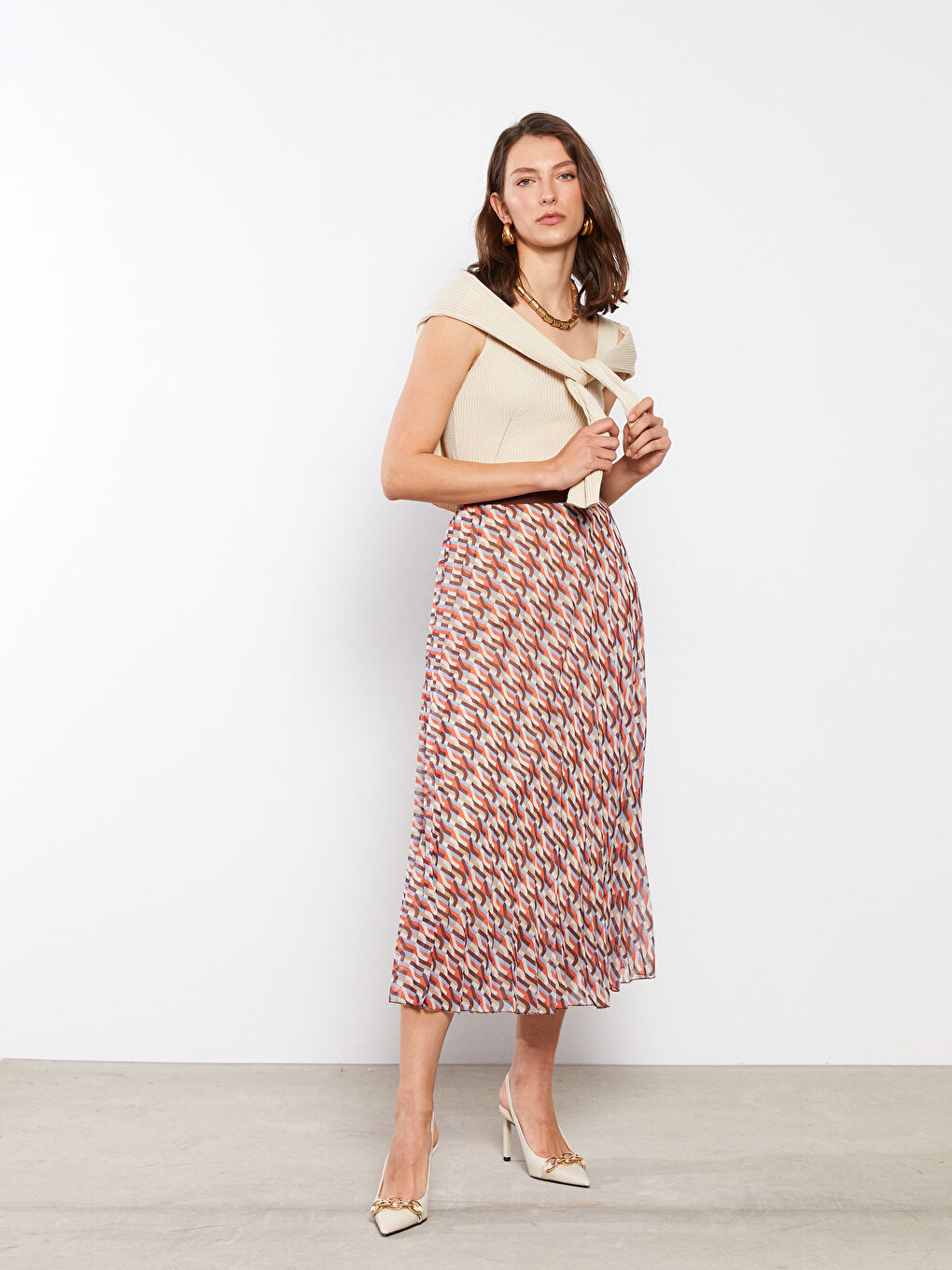 Karışık Beli Lastikli Desenli Şifon Kadın Pileli Etek