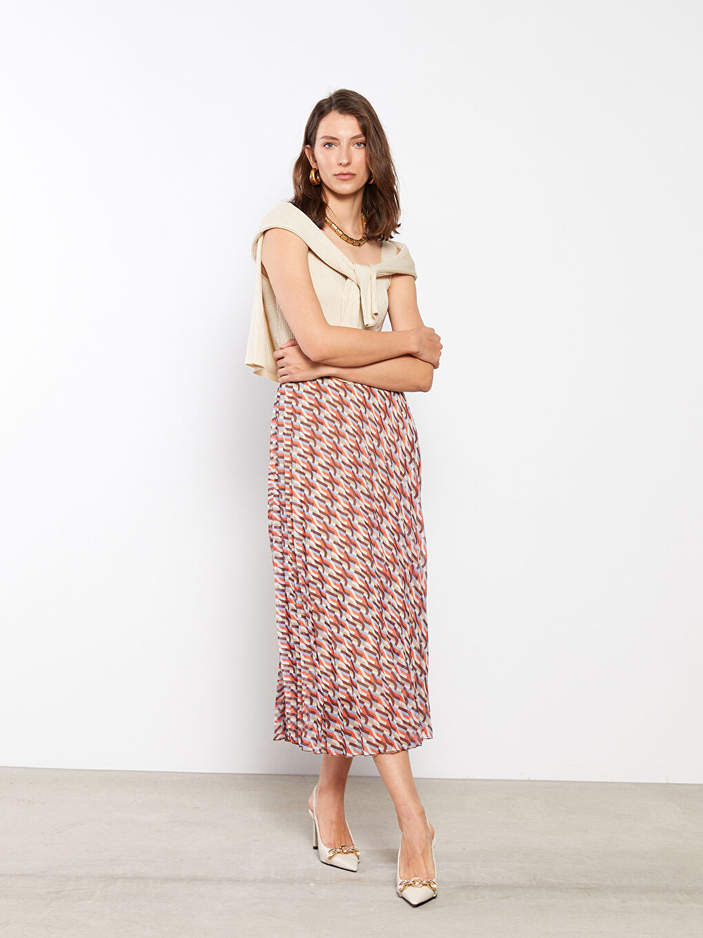 Karışık Beli Lastikli Desenli Şifon Kadın Pileli Etek-2