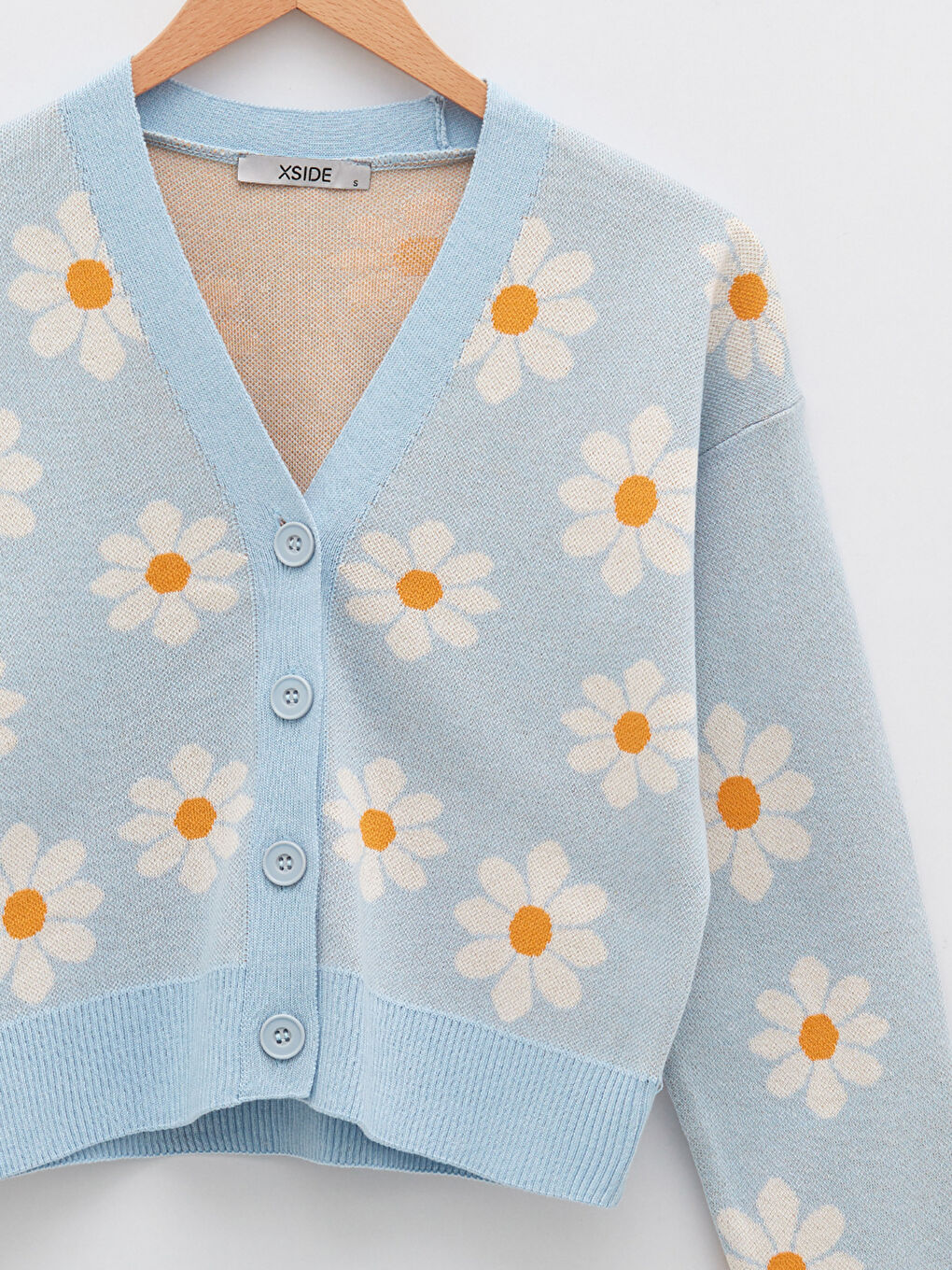 Mavi V Yaka Çiçekli Kadın Triko Hırka-7