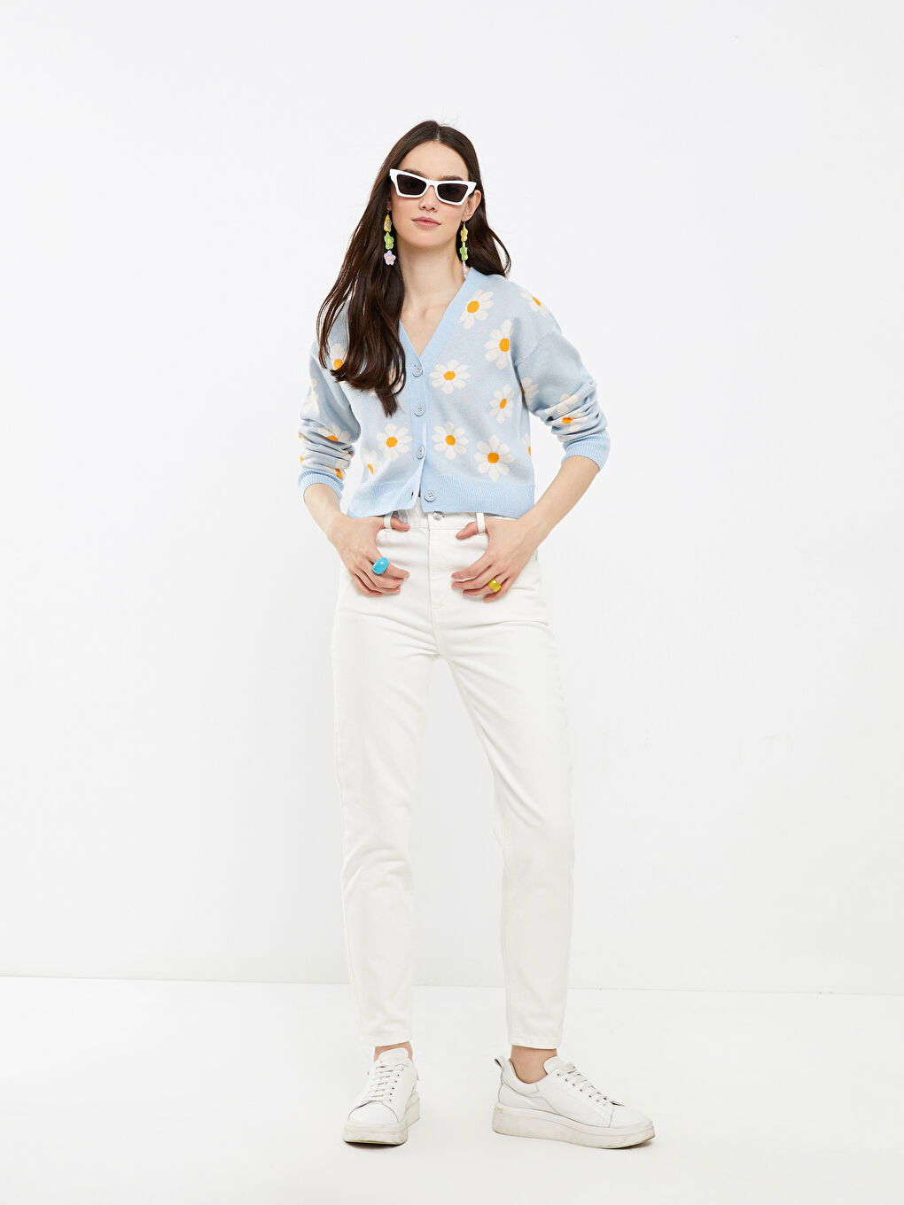 Mavi V Yaka Çiçekli Kadın Triko Hırka-2