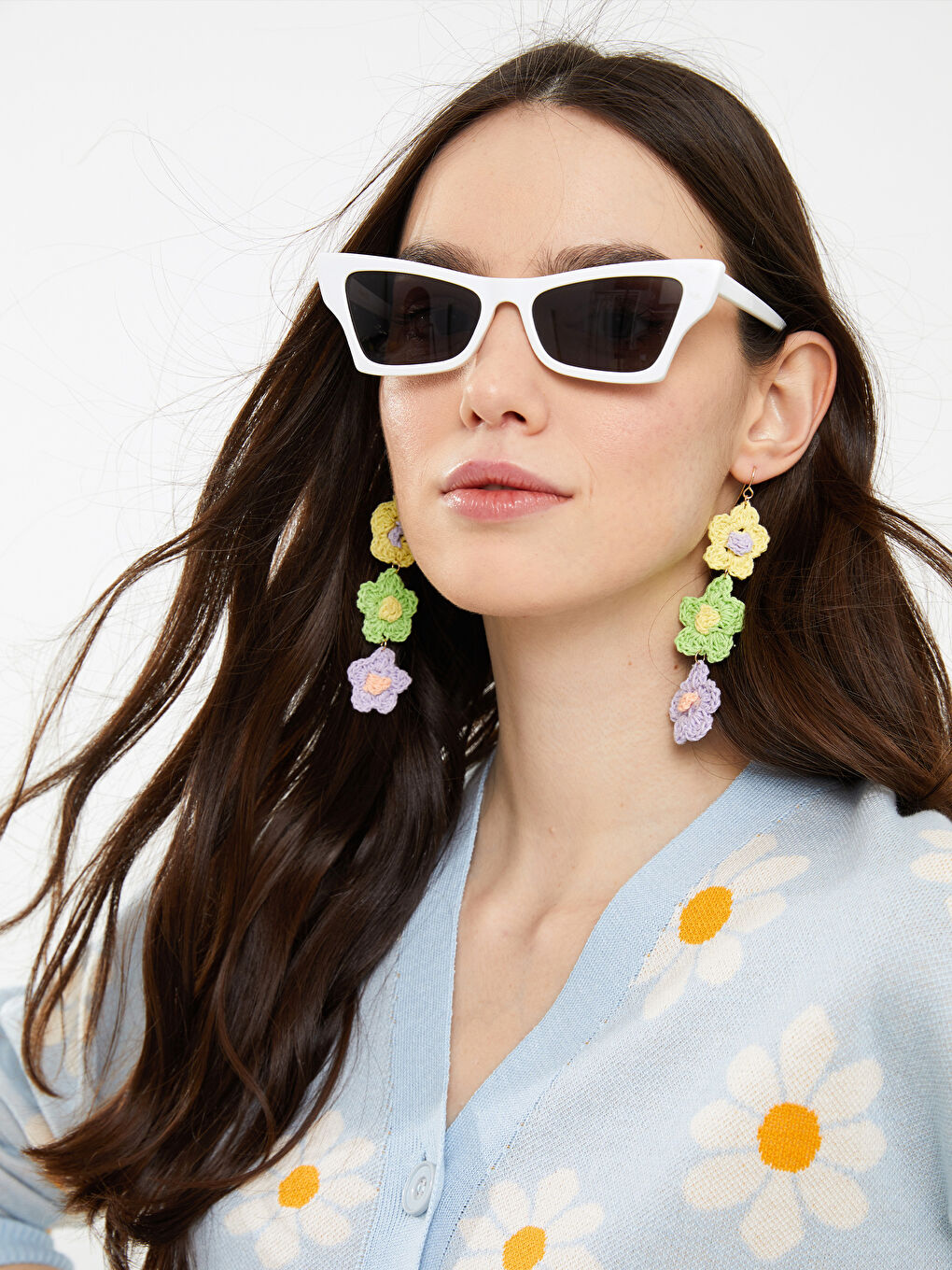 Mavi V Yaka Çiçekli Kadın Triko Hırka-3