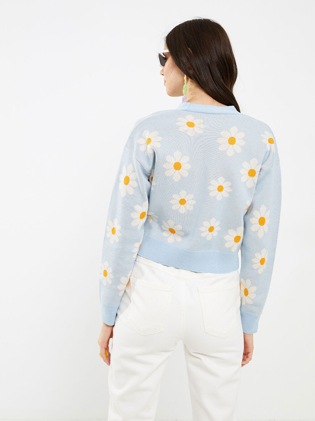 Mavi V Yaka Çiçekli Kadın Triko Hırka-4