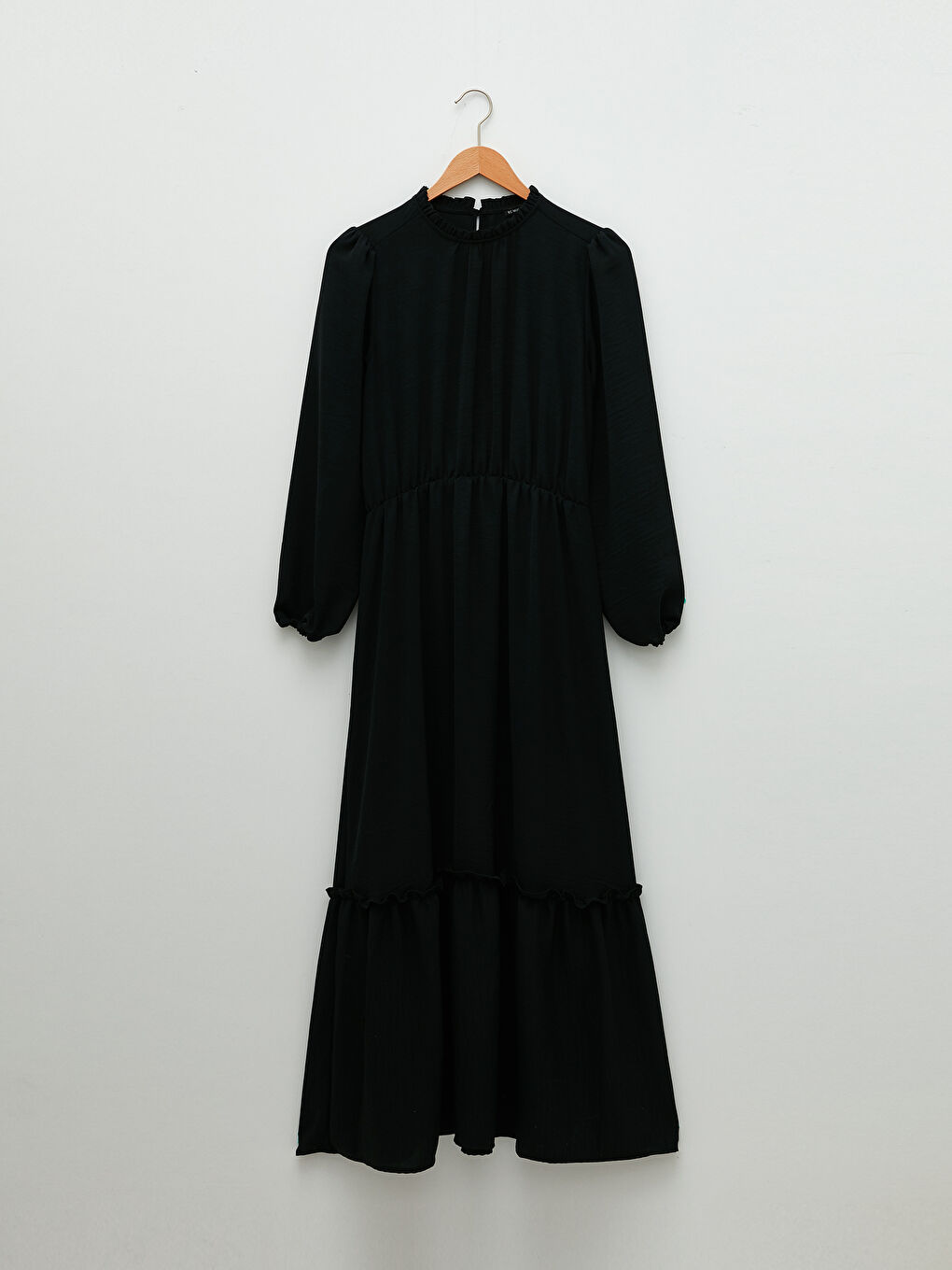 Siyah Fırfırlı Dik Yaka Düz Uzun Kollu Kadın Elbise-5