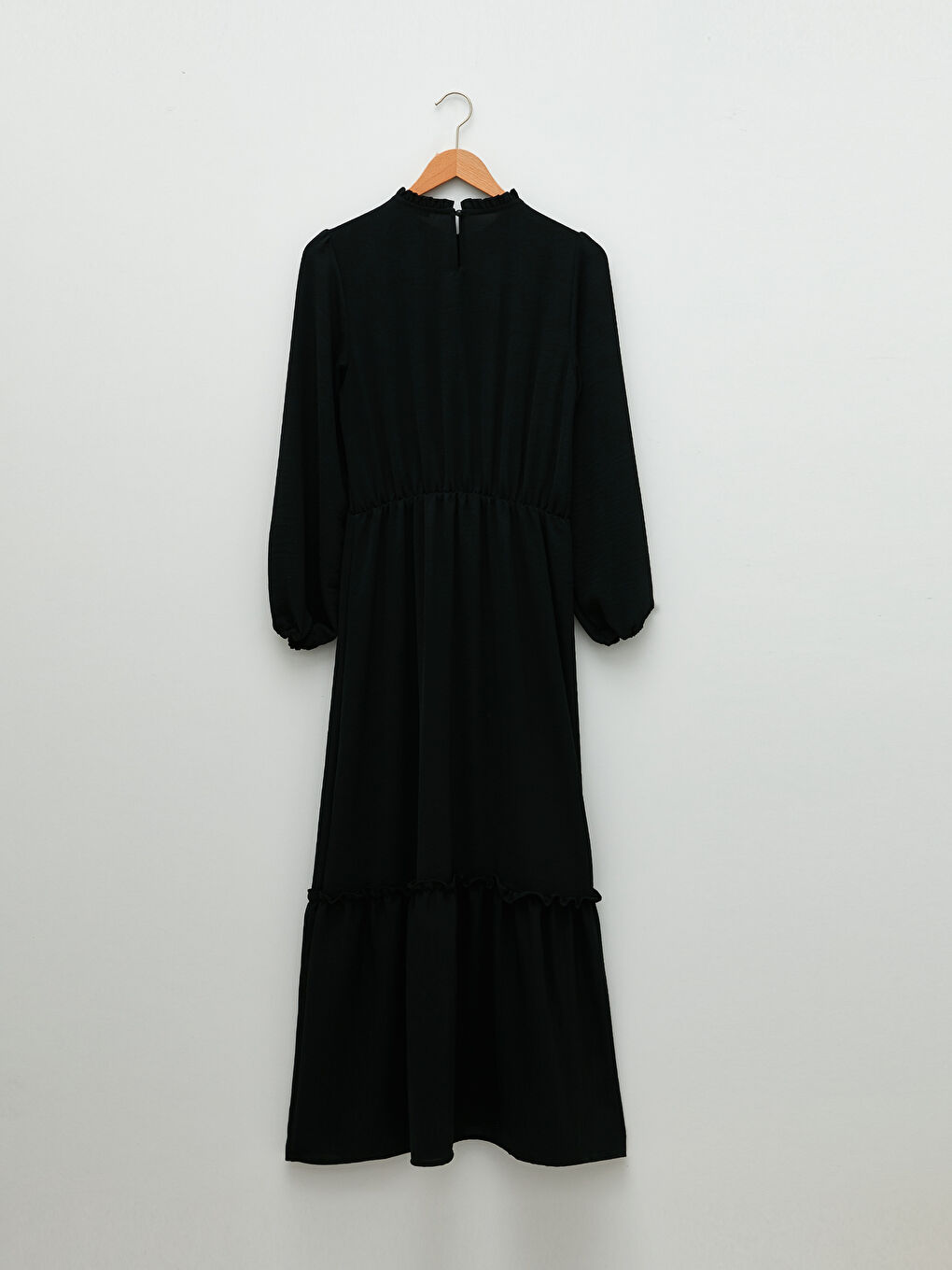 Siyah Fırfırlı Dik Yaka Düz Uzun Kollu Kadın Elbise-6