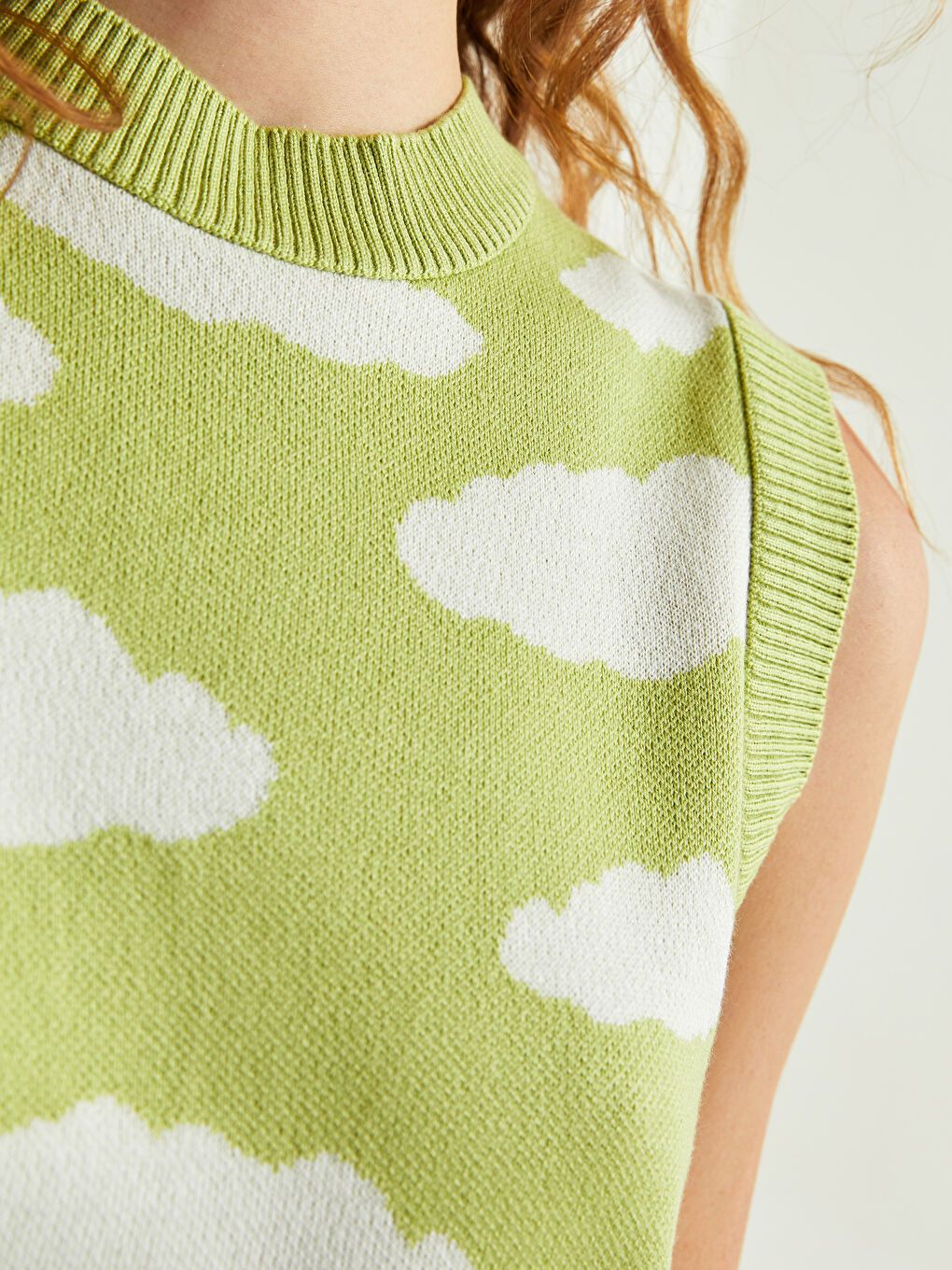 Yeşil Bisiklet Yaka Desenli Kadın Triko Süveter-3