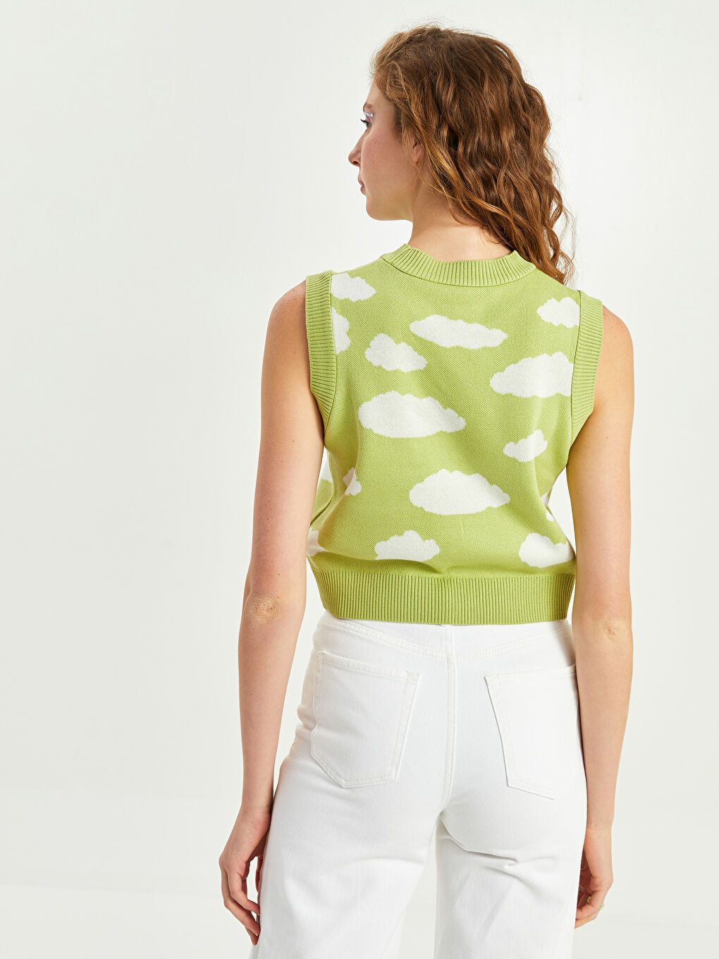 Yeşil Bisiklet Yaka Desenli Kadın Triko Süveter-5