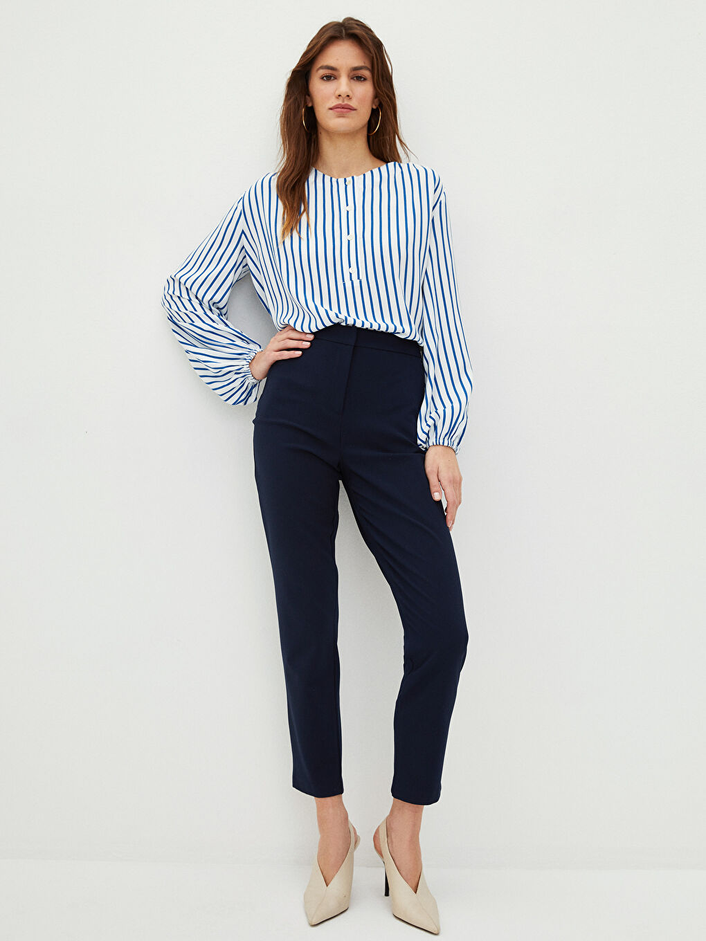 Lacivert Slim Fit Kadın Düz Cep Detaylı Kadın Pantolon-1