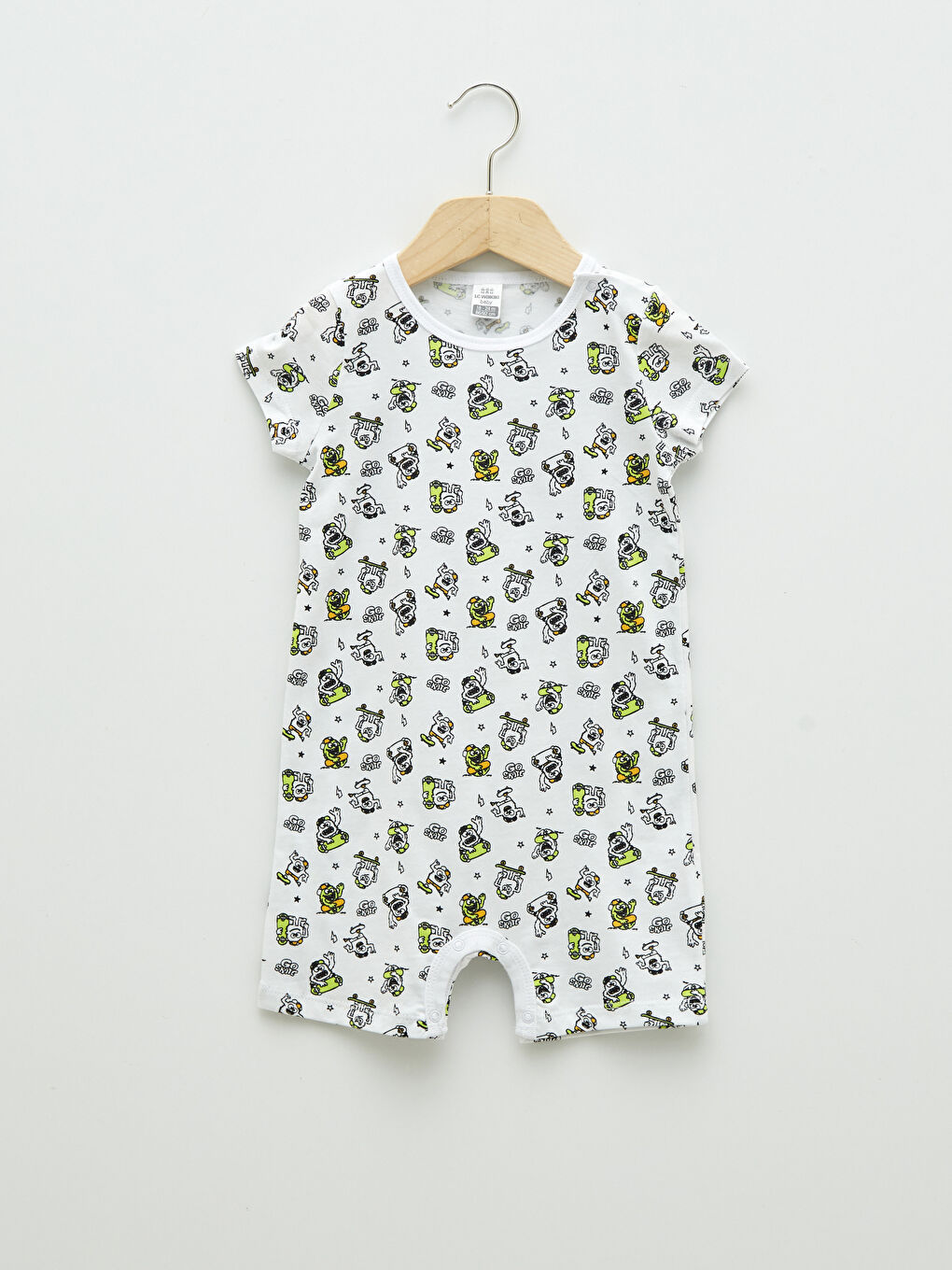 Beyaz Bisiklet Yaka Kısa Kol Baskılı Pamuklu Erkek Bebek Tulum