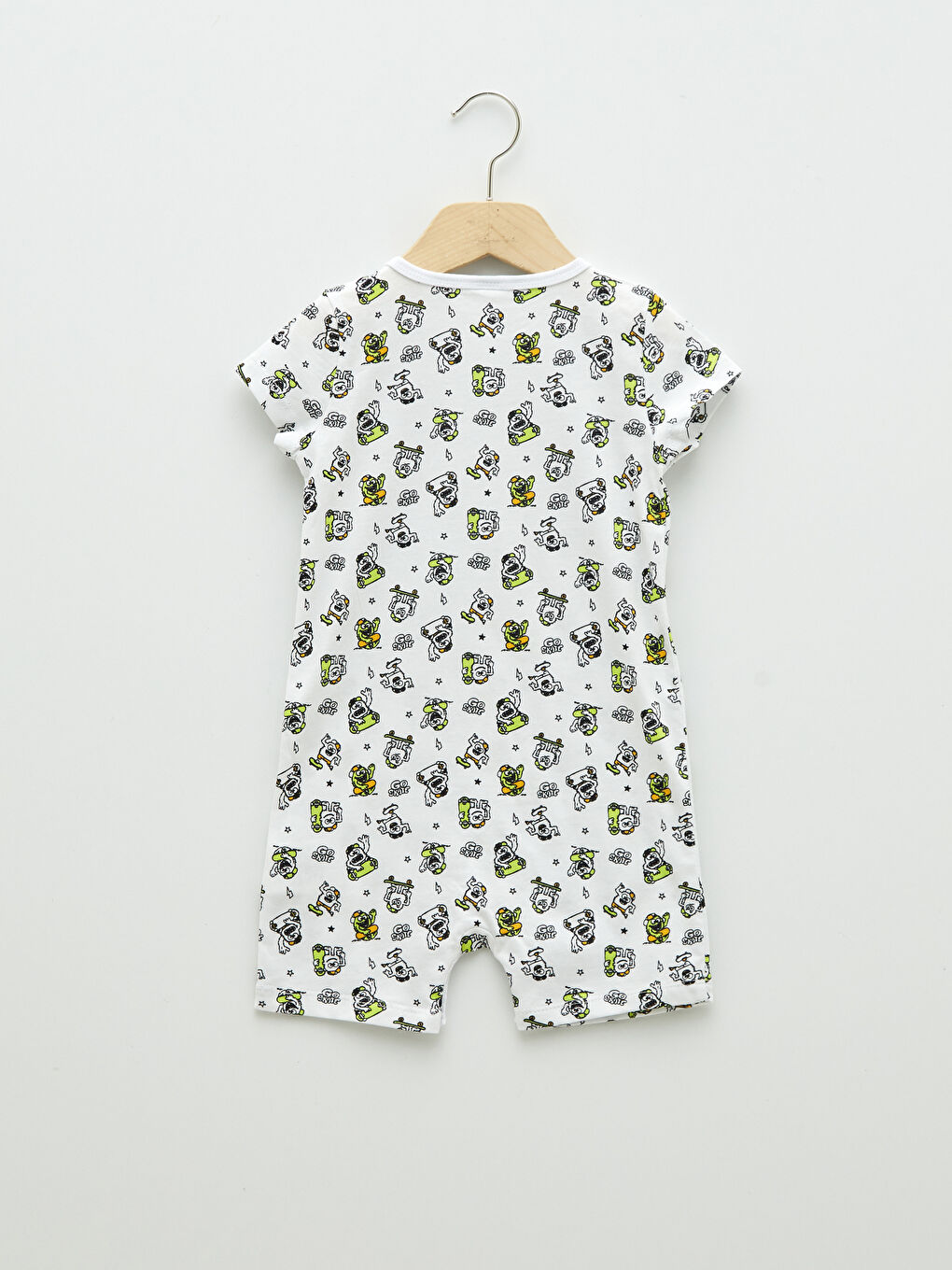 Beyaz Bisiklet Yaka Kısa Kol Baskılı Pamuklu Erkek Bebek Tulum-1