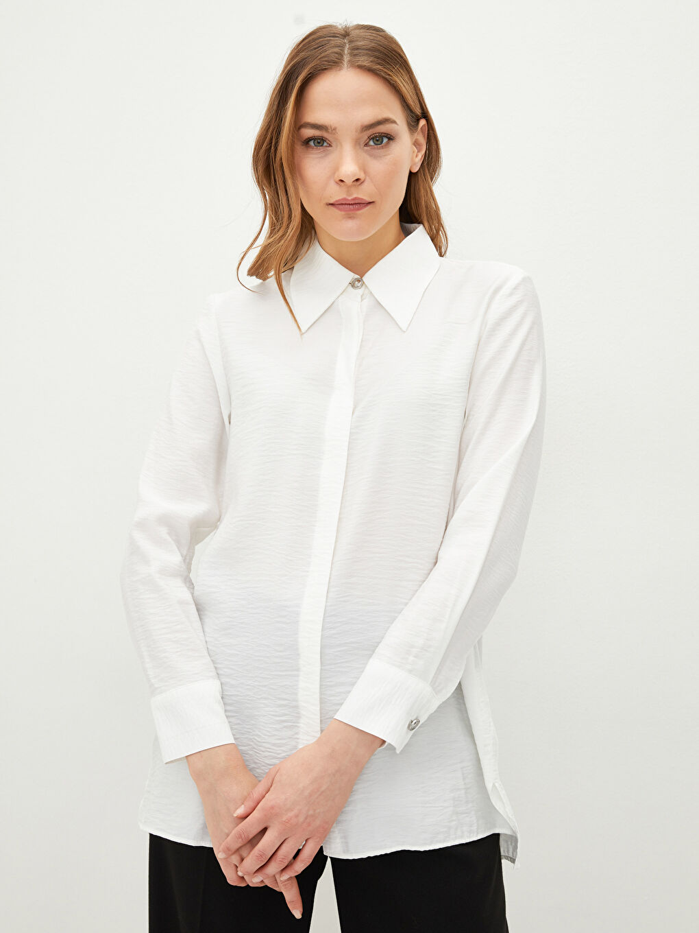 Buttoned Regular Long Sleeve Poplin Women's Shirt-2