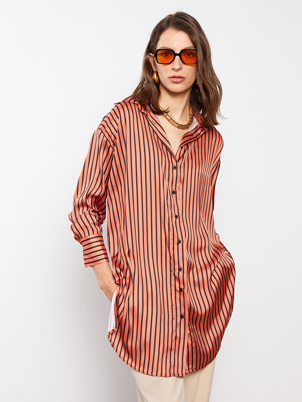 Turuncu Çizgili Uzun Kollu Saten Kadın Gömlek Tunik