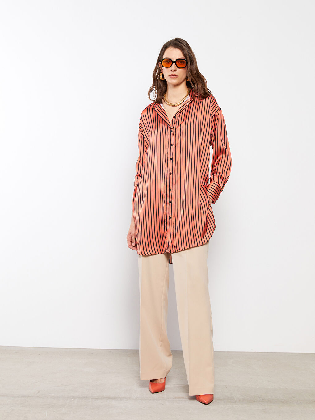 Turuncu Çizgili Uzun Kollu Saten Kadın Gömlek Tunik-1