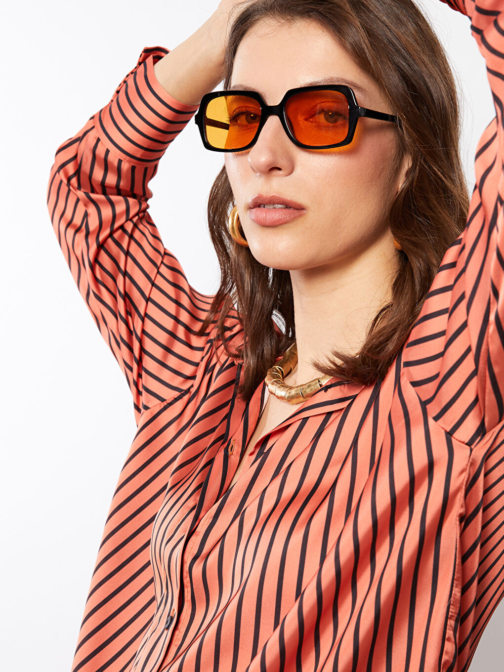 Turuncu Çizgili Uzun Kollu Saten Kadın Gömlek Tunik-2