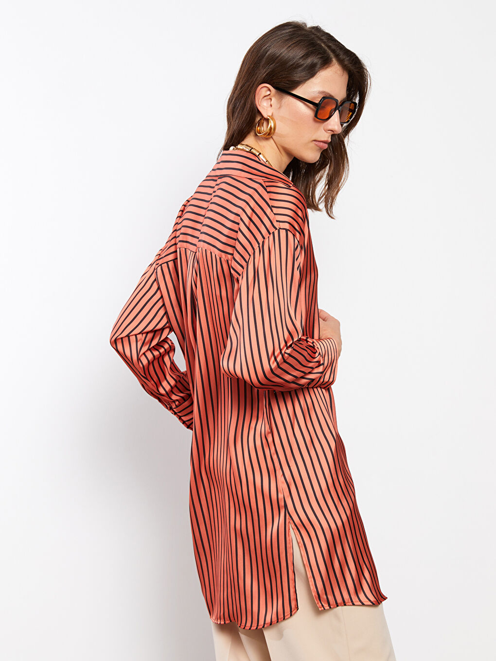 Turuncu Çizgili Uzun Kollu Saten Kadın Gömlek Tunik-3