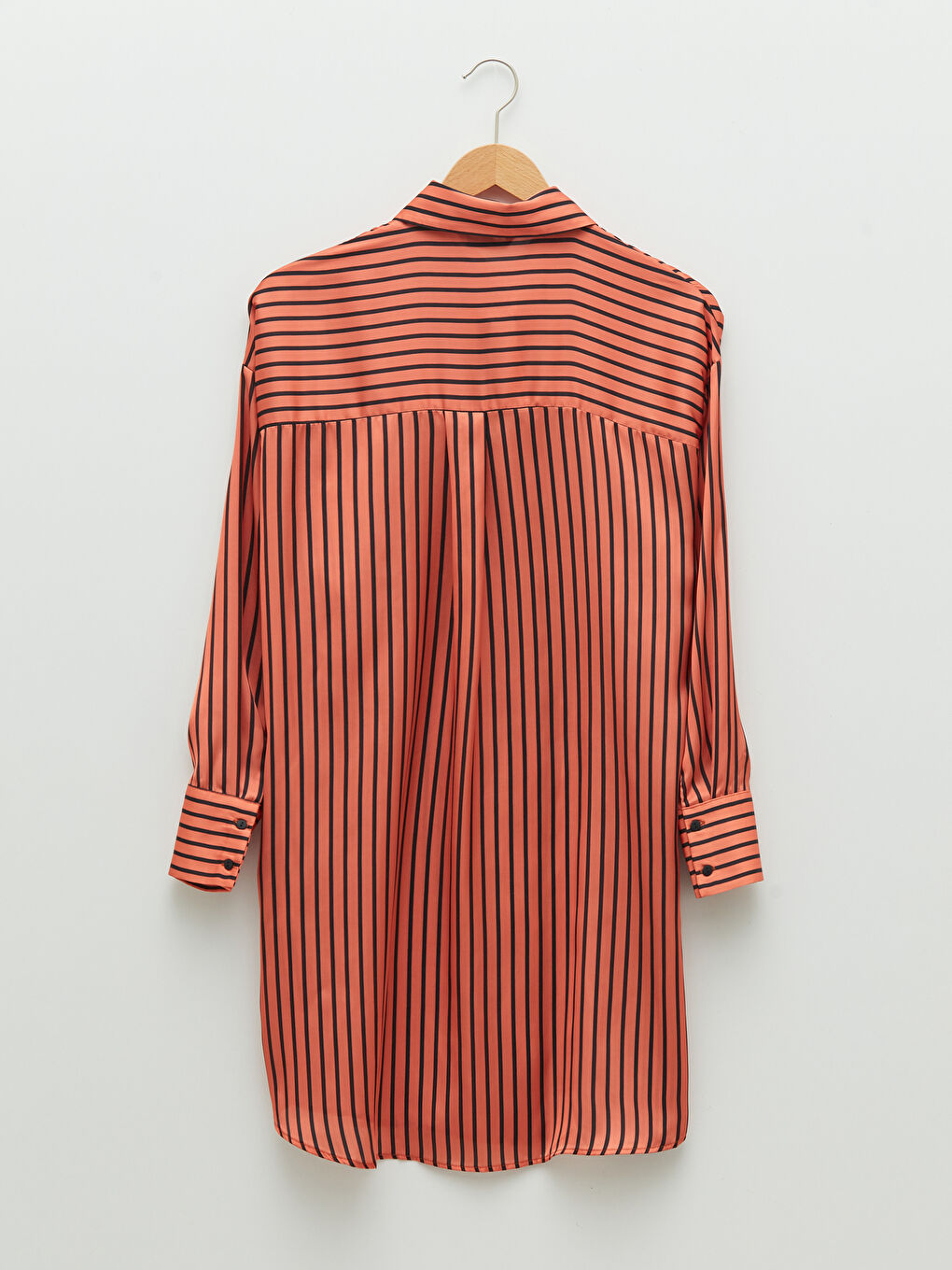 Turuncu Çizgili Uzun Kollu Saten Kadın Gömlek Tunik-5