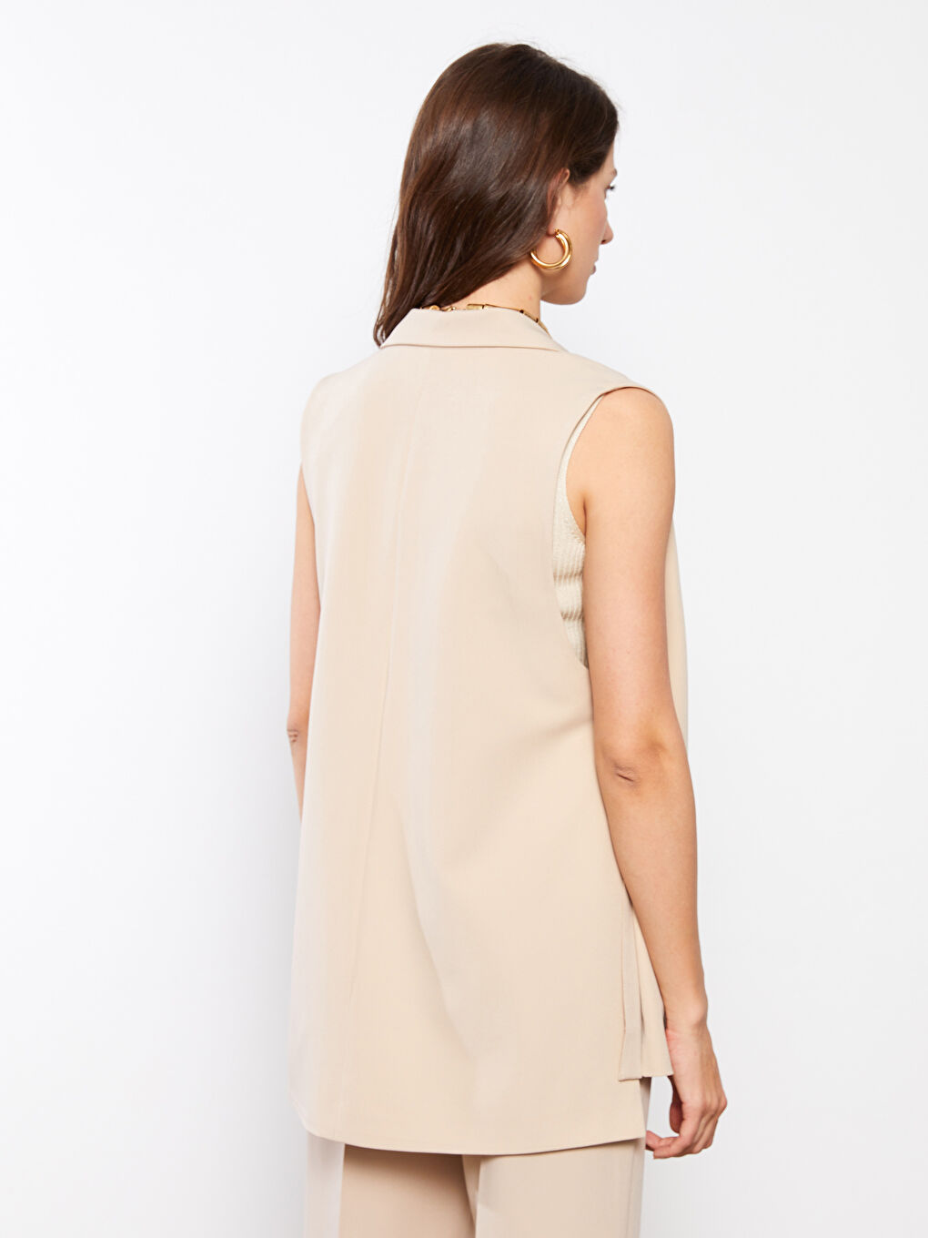 Bej Ceket Yaka Düz Krep Kumaş Kadın Yelek-3