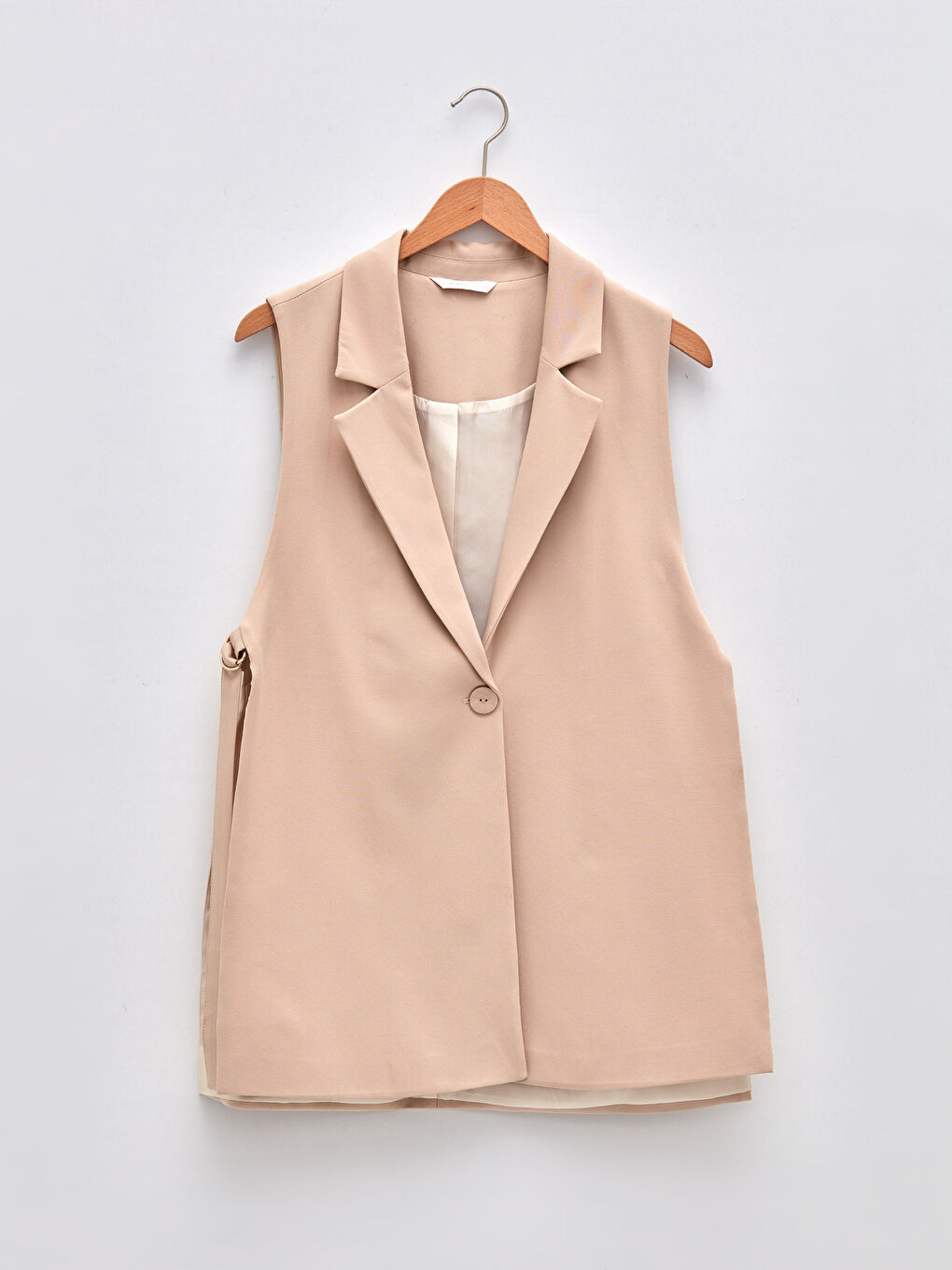 Bej Ceket Yaka Düz Krep Kumaş Kadın Yelek-4