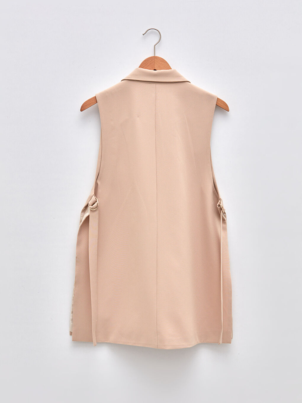 Bej Ceket Yaka Düz Krep Kumaş Kadın Yelek-5