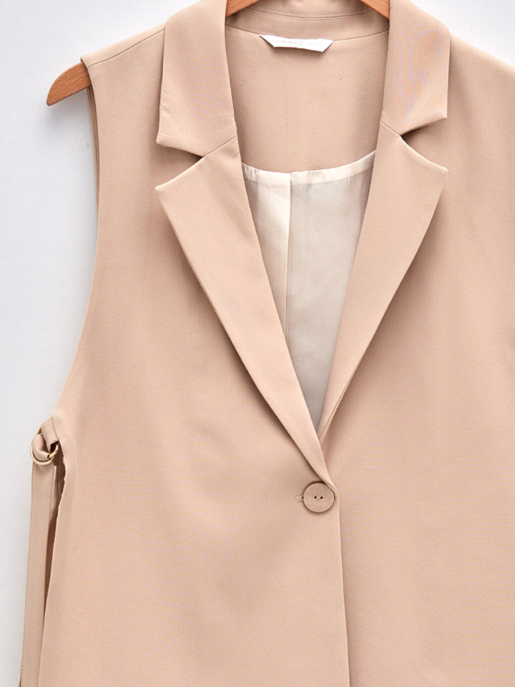 Bej Ceket Yaka Düz Krep Kumaş Kadın Yelek-6