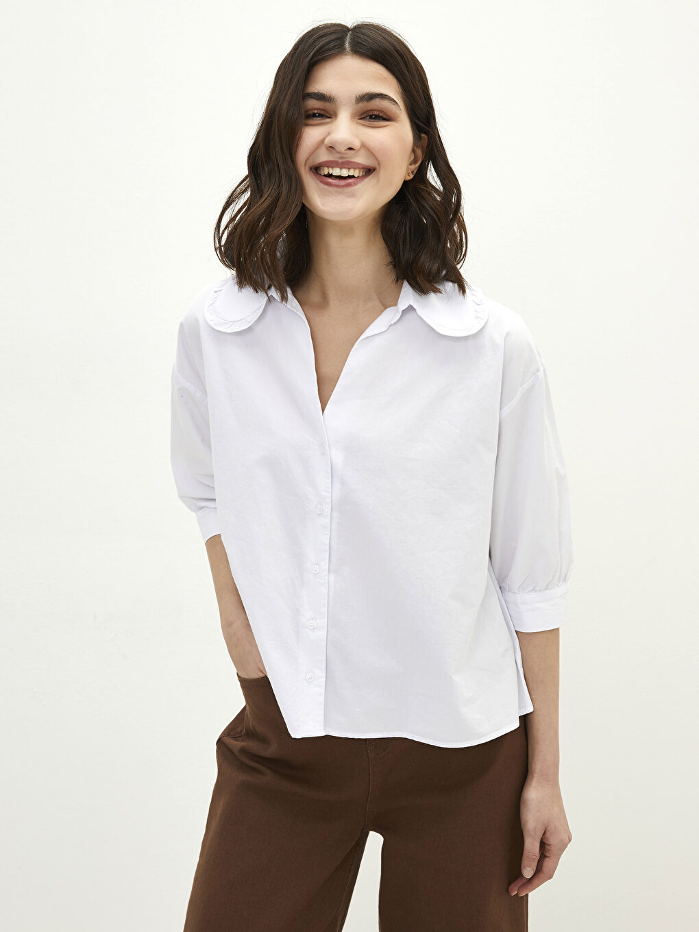 Front Button Closure Plain Oversize Poplin Women's Shirt-3