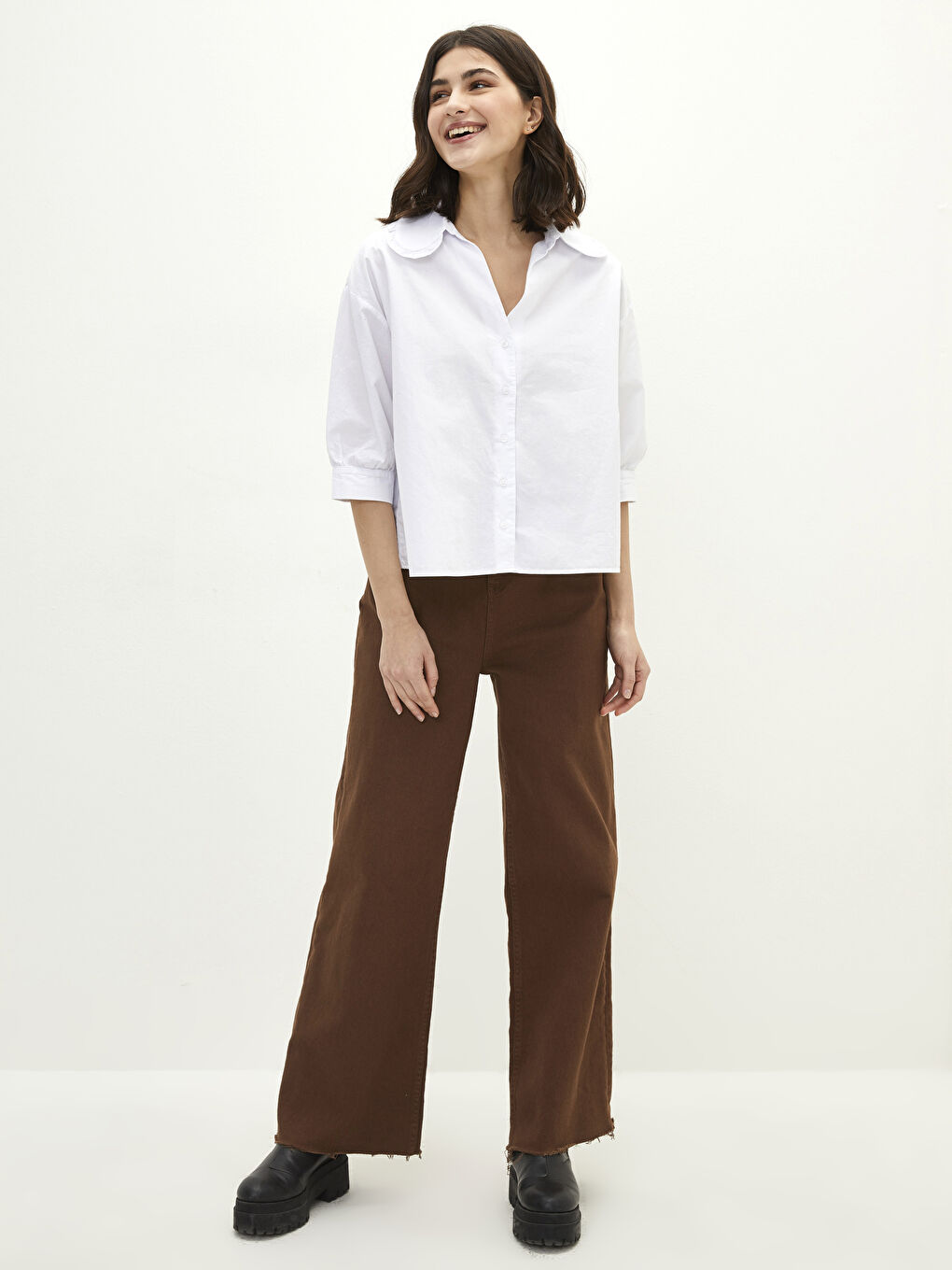 Front Button Closure Plain Oversize Poplin Women's Shirt-5