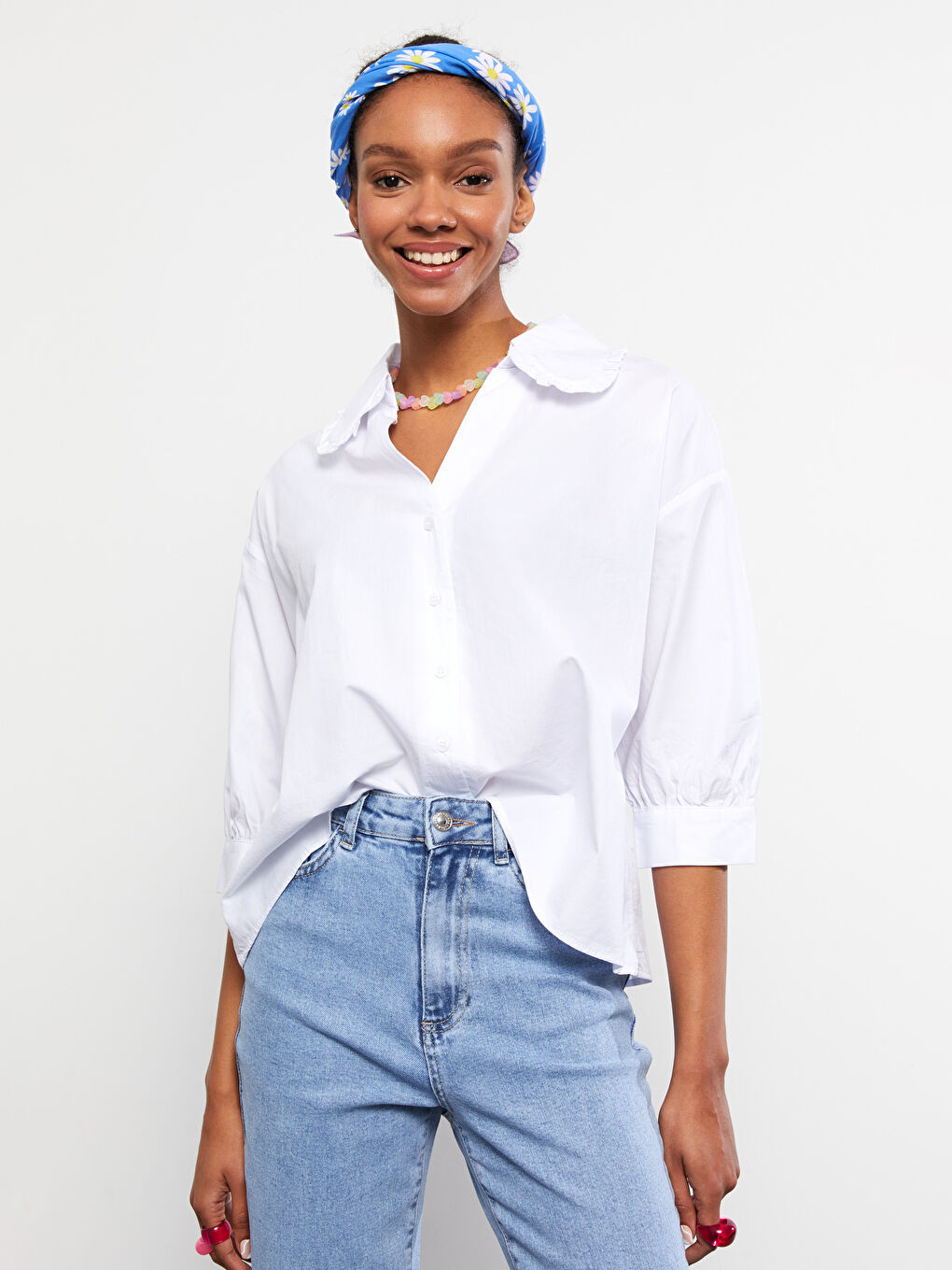Front Button Closure Plain Oversize Poplin Women's Shirt-2