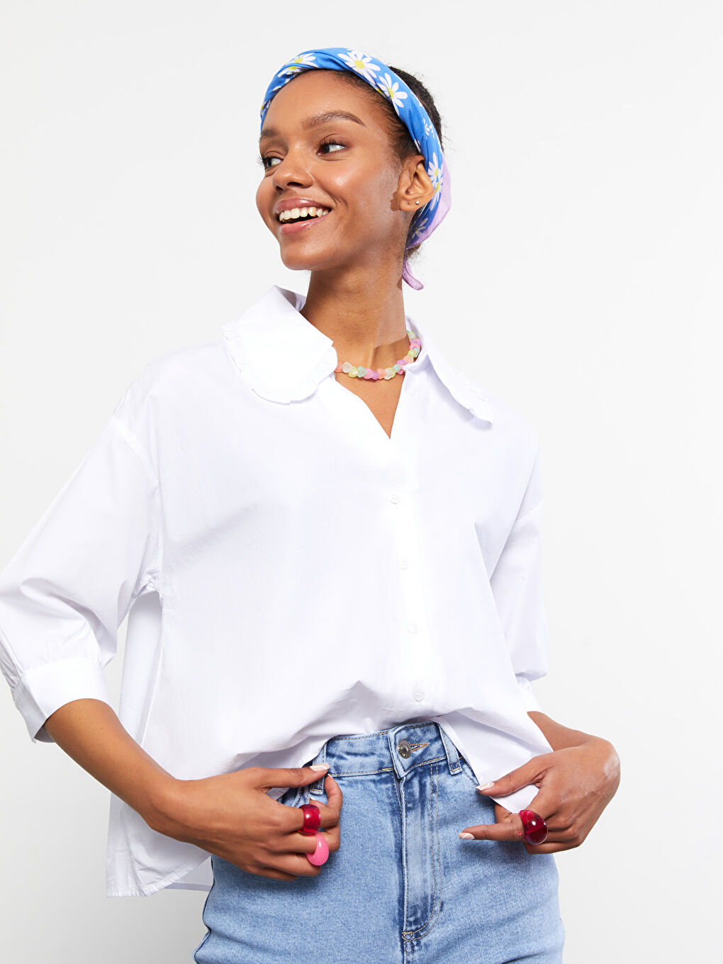 Front Button Closure Plain Oversize Poplin Women's Shirt-4