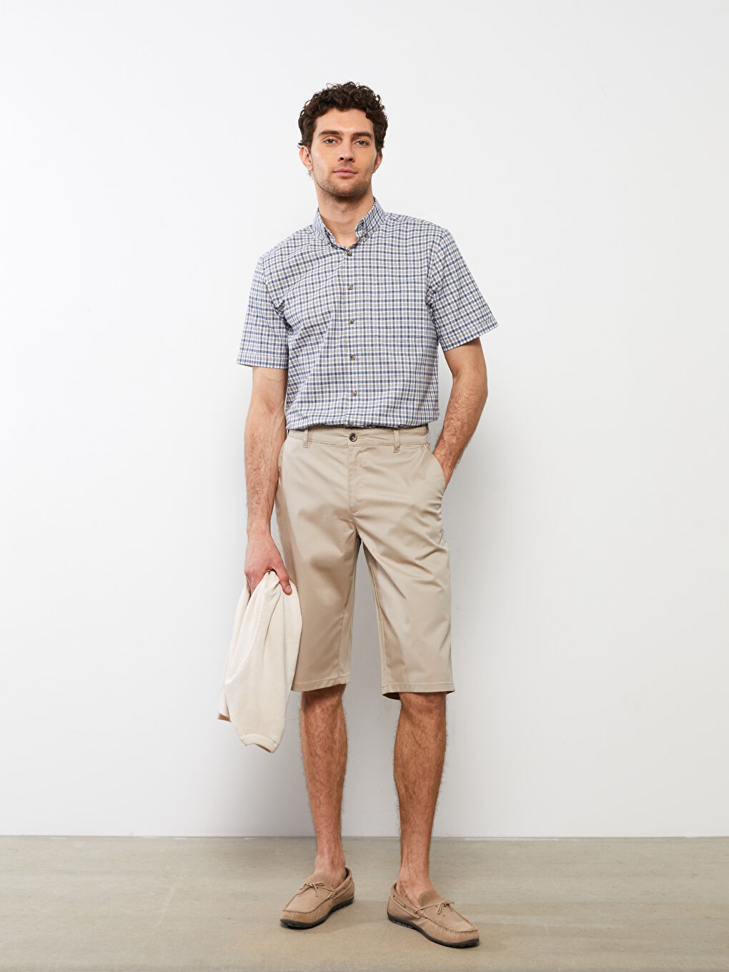 Bej Regular Fit Kısa Kollu Ekose Oxford Erkek Gömlek