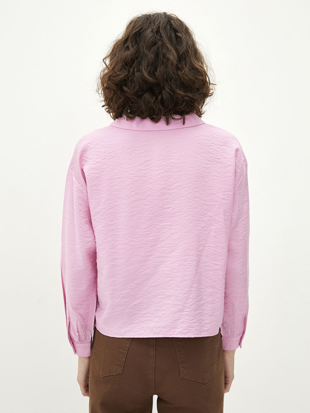 Pembe Önden Düğme Kapamalı Düz Uzun Kollu Poplin Kadın Gömlek-9