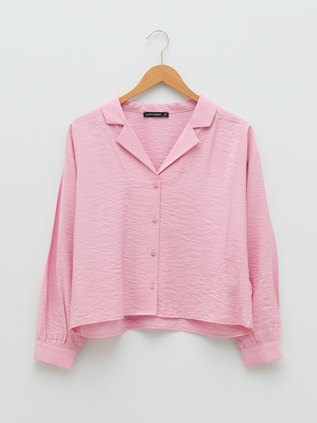 Pembe Önden Düğme Kapamalı Düz Uzun Kollu Poplin Kadın Gömlek-10