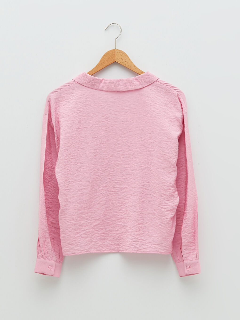 Pembe Önden Düğme Kapamalı Düz Uzun Kollu Poplin Kadın Gömlek-11