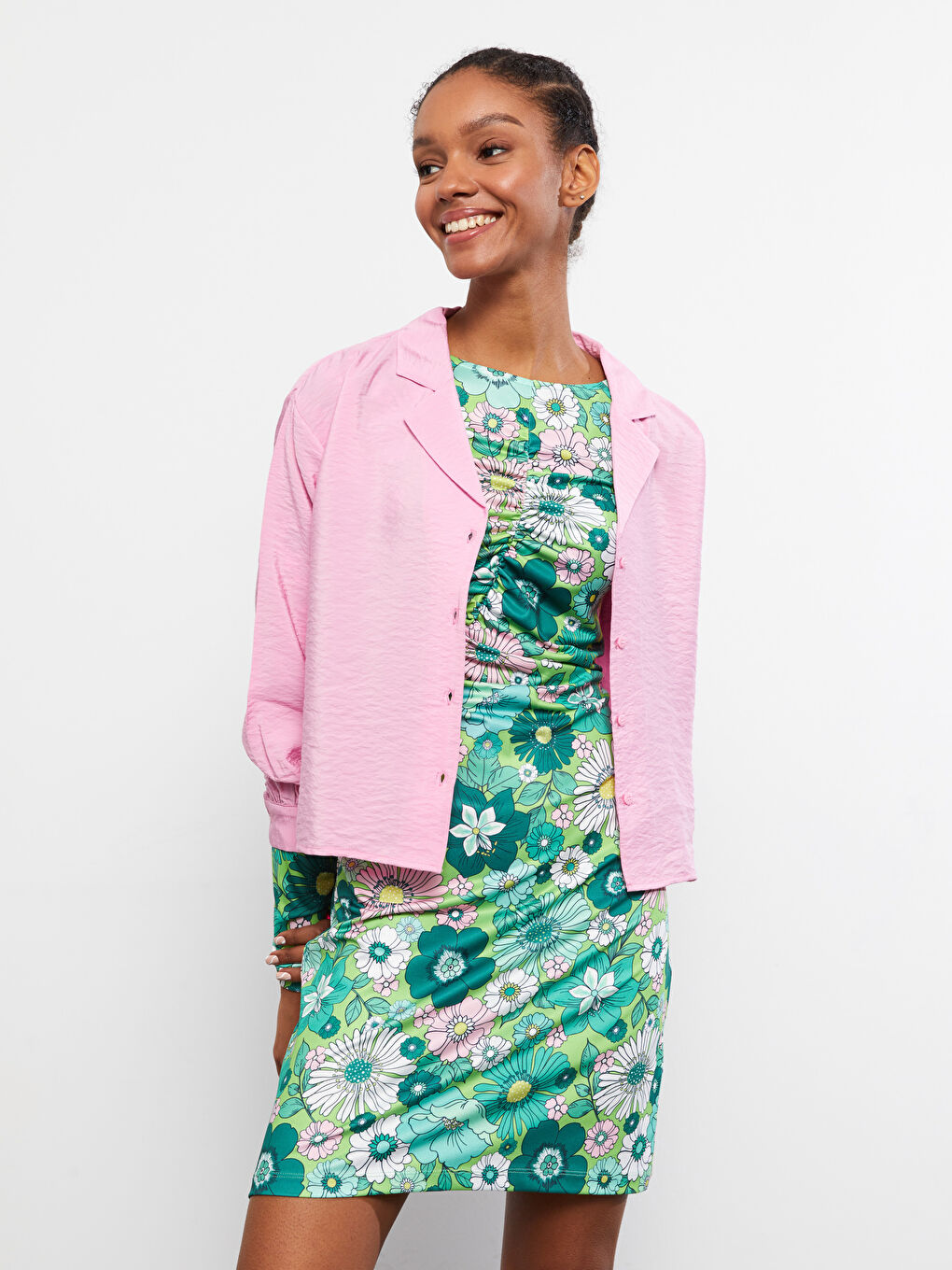 Pembe Önden Düğme Kapamalı Düz Uzun Kollu Poplin Kadın Gömlek-2