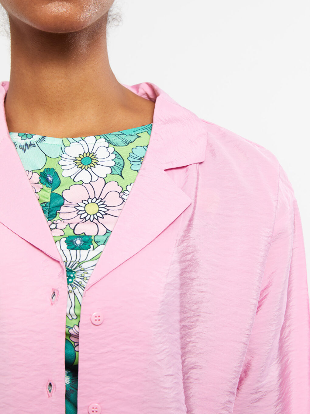 Pembe Önden Düğme Kapamalı Düz Uzun Kollu Poplin Kadın Gömlek-6