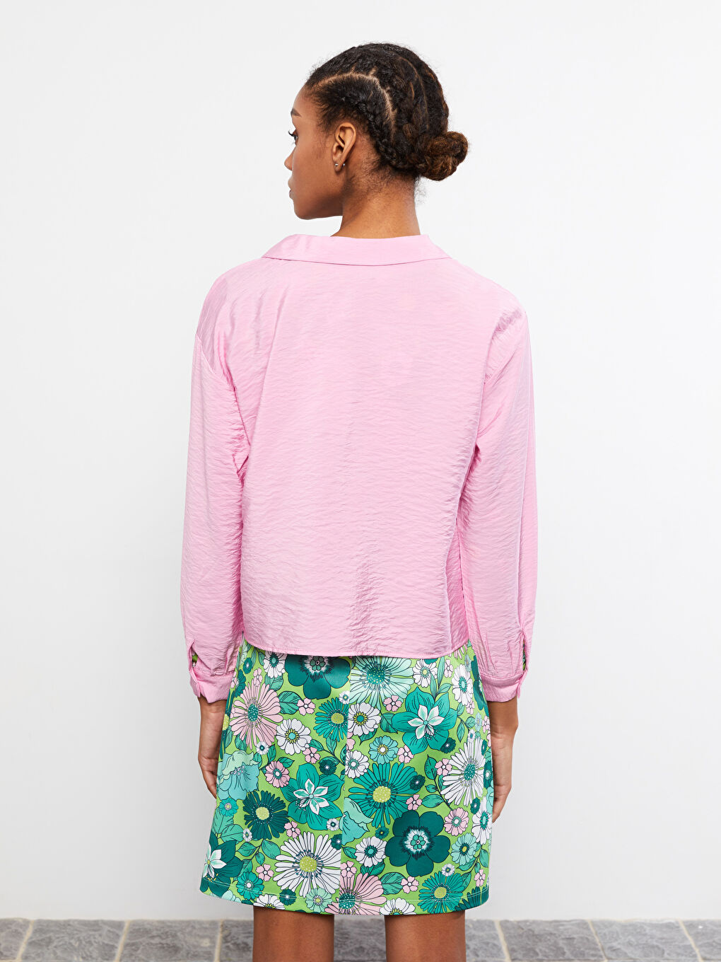 Pembe Önden Düğme Kapamalı Düz Uzun Kollu Poplin Kadın Gömlek-8