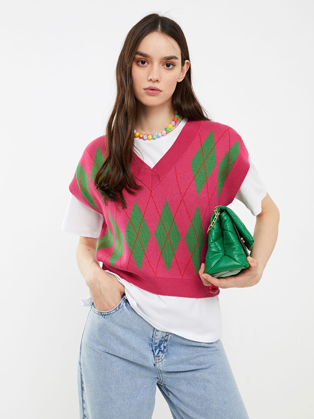 Pembe V Yaka Desenli Kadın Triko Süveter