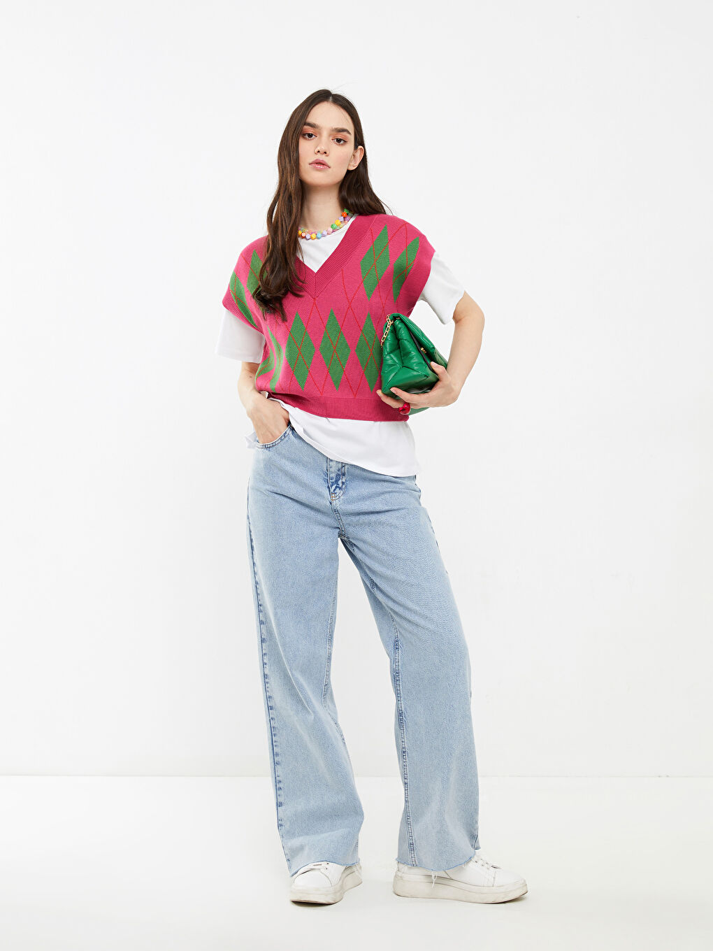 Pembe V Yaka Desenli Kadın Triko Süveter-2