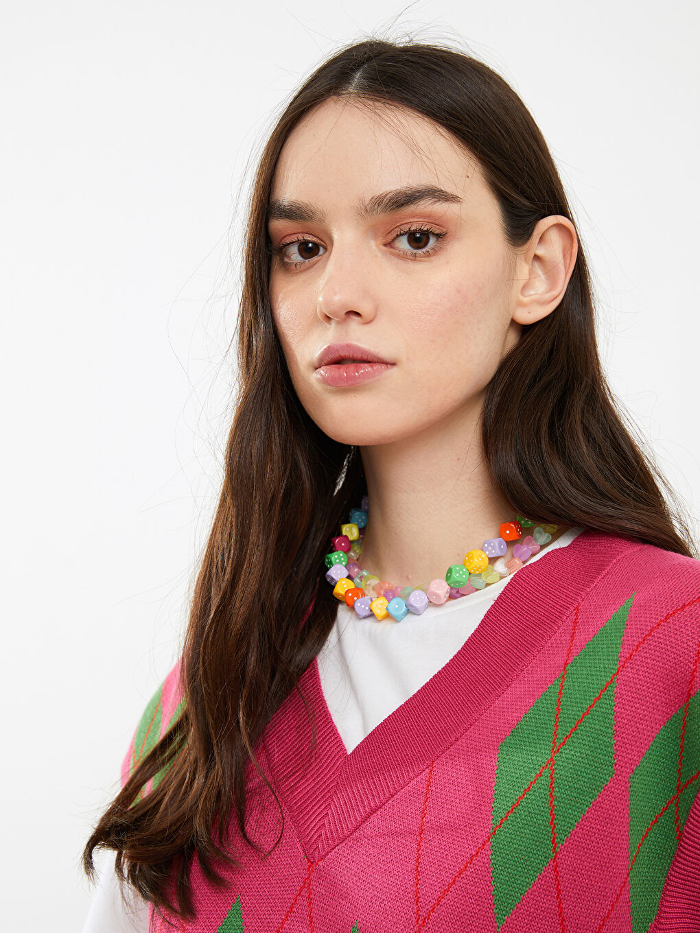 Pembe V Yaka Desenli Kadın Triko Süveter-3