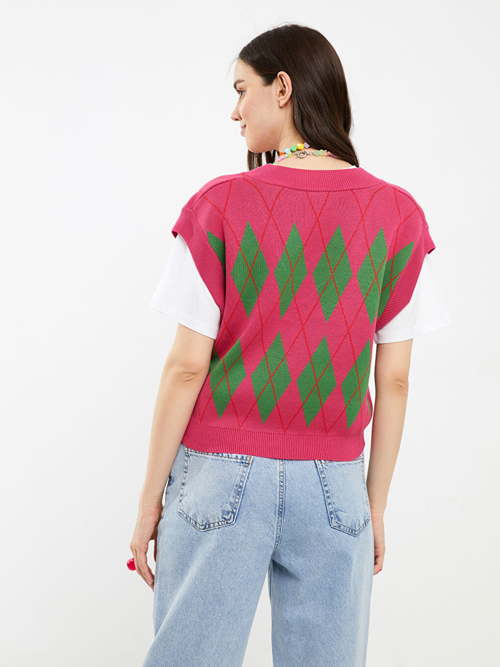 Pembe V Yaka Desenli Kadın Triko Süveter-4