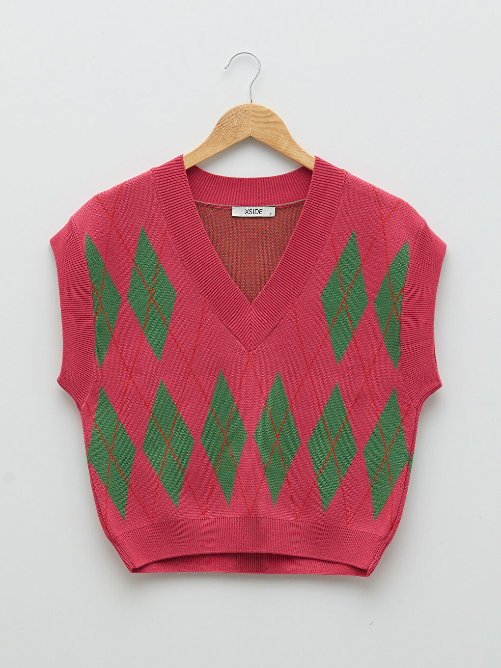 Pembe V Yaka Desenli Kadın Triko Süveter-5