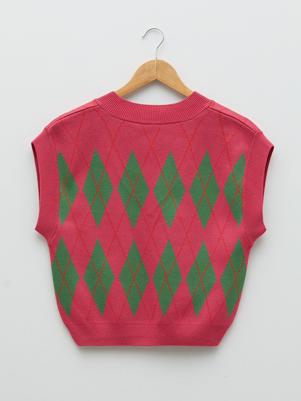 Pembe V Yaka Desenli Kadın Triko Süveter-6