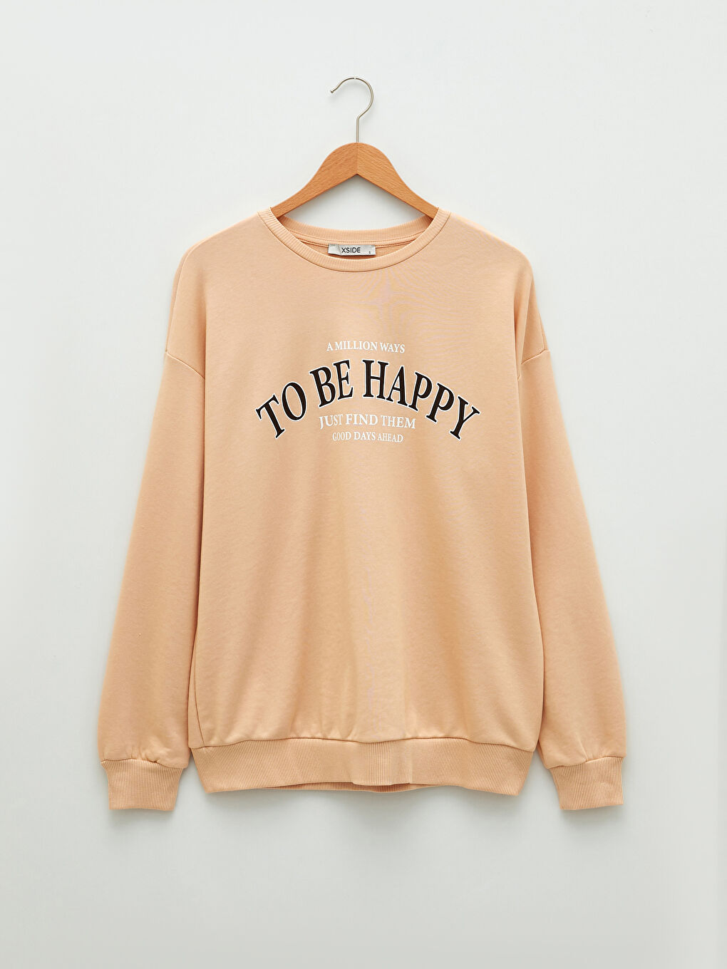 Bej Bisiklet Yaka Yazı Baskılı Uzun Kollu Kadın Sweatshirt-6