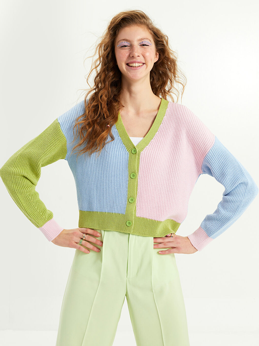 V Neck Color Block Long Sleeve Women's Knitwear Cardigan