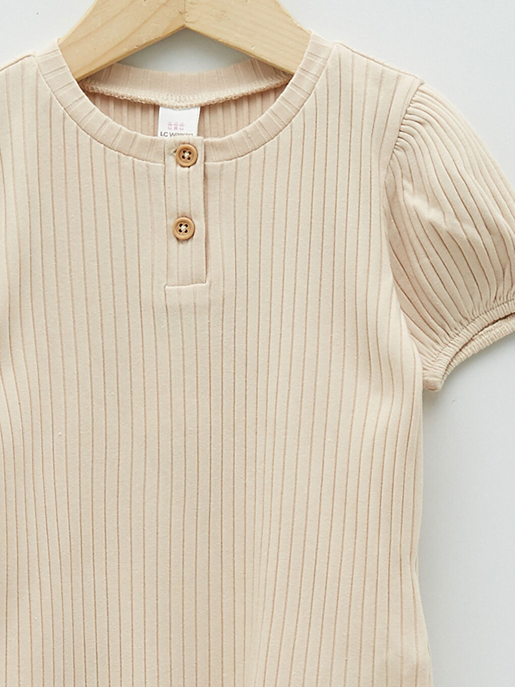 Bej Bisiklet Yaka Kısa Kol Basic Kız Bebek Tişört-2