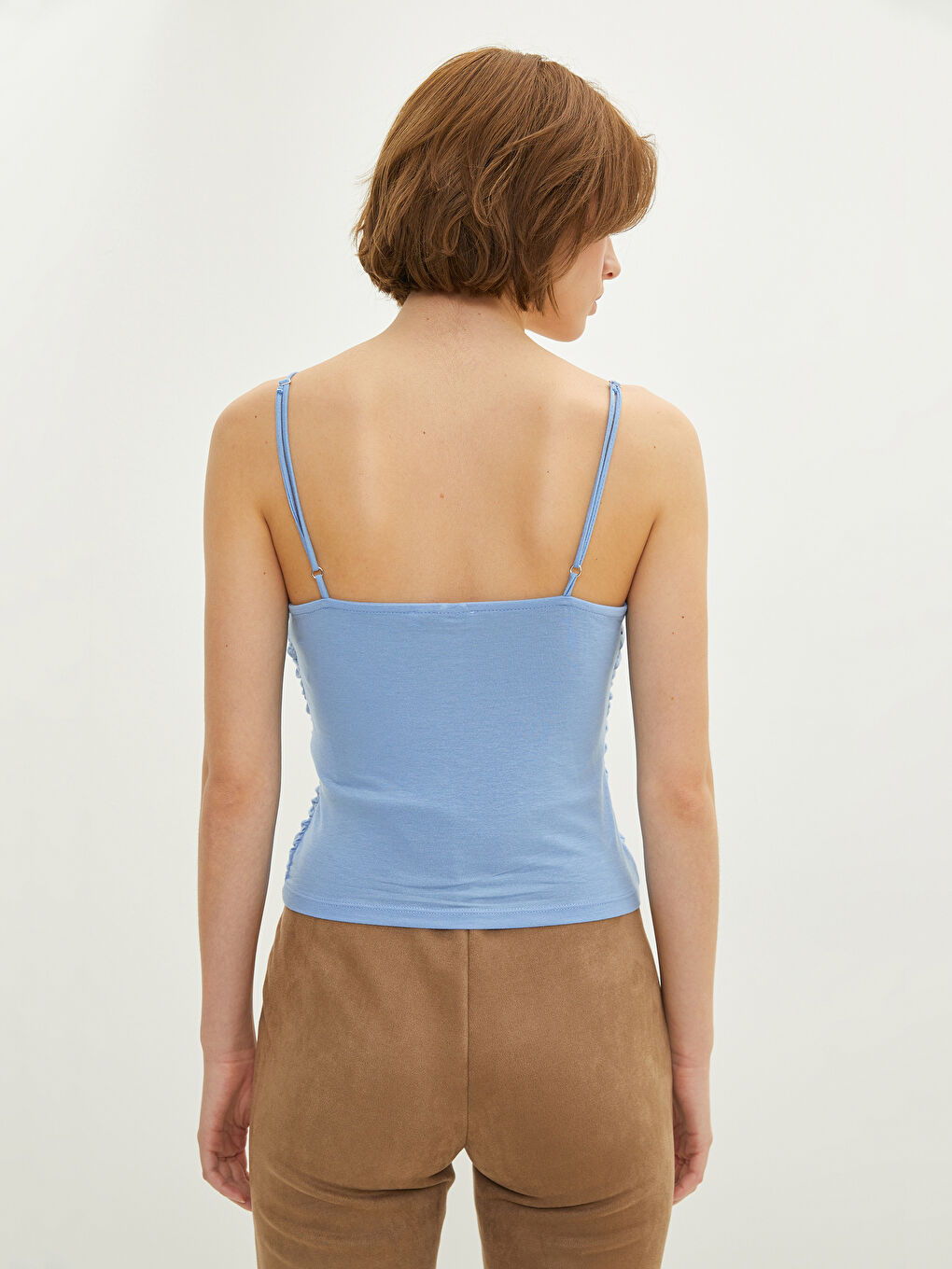 Mavi Kare Yaka Askılı Büzgü Detaylı Kadın Crop-4