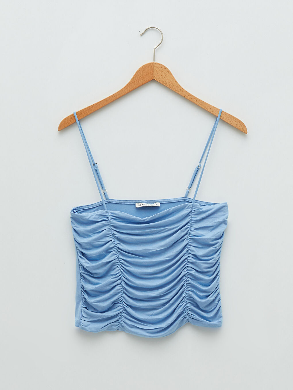 Mavi Kare Yaka Askılı Büzgü Detaylı Kadın Crop-5