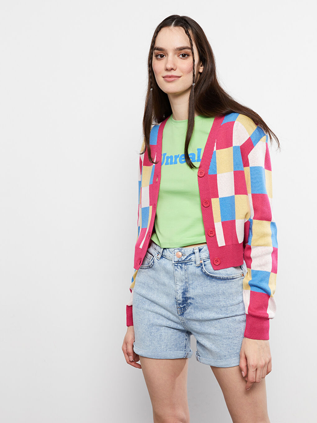 Pembe V Yaka Ekose Uzun Kollu Kadın Triko Hırka-1