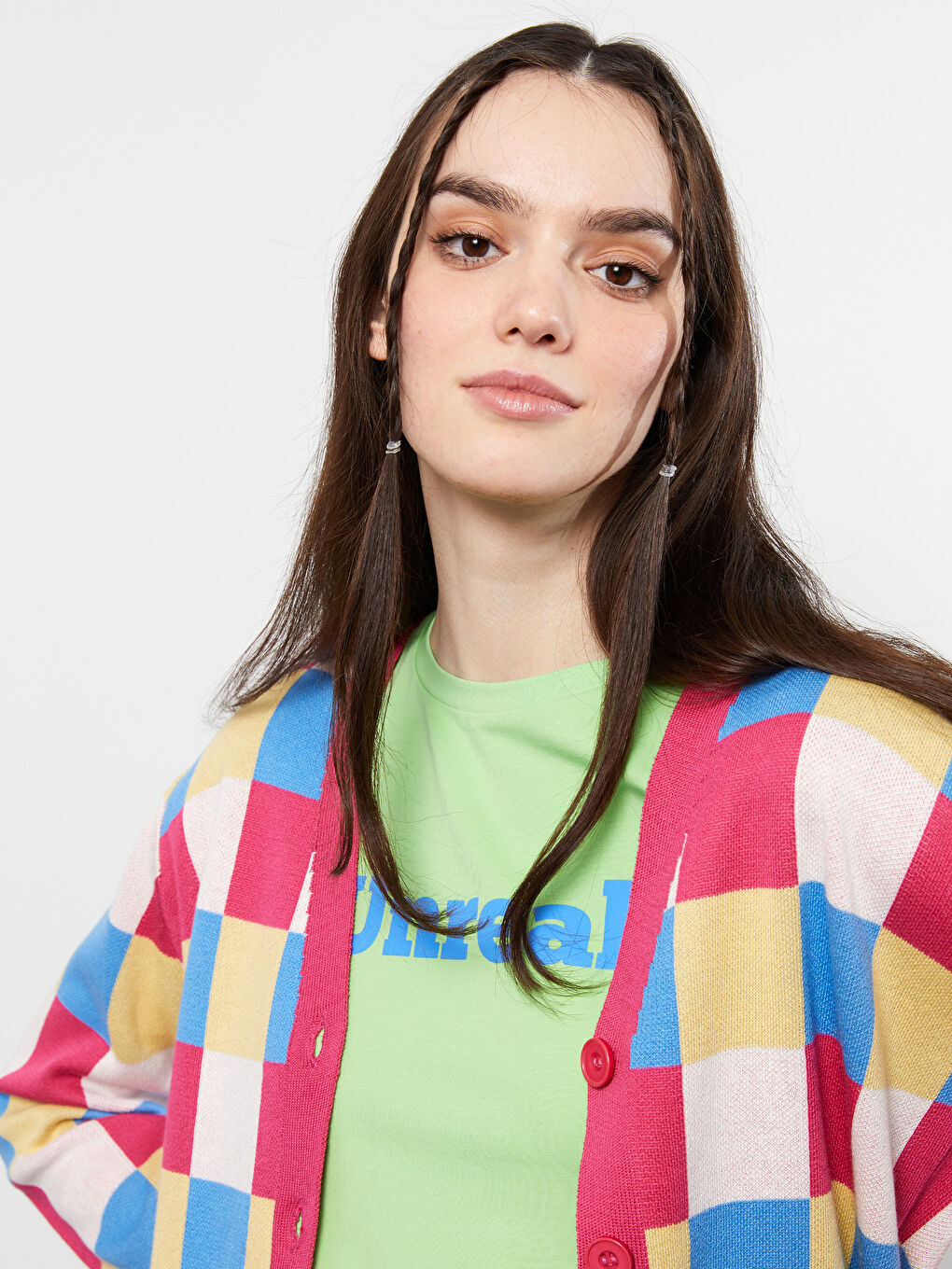 Pembe V Yaka Ekose Uzun Kollu Kadın Triko Hırka-2